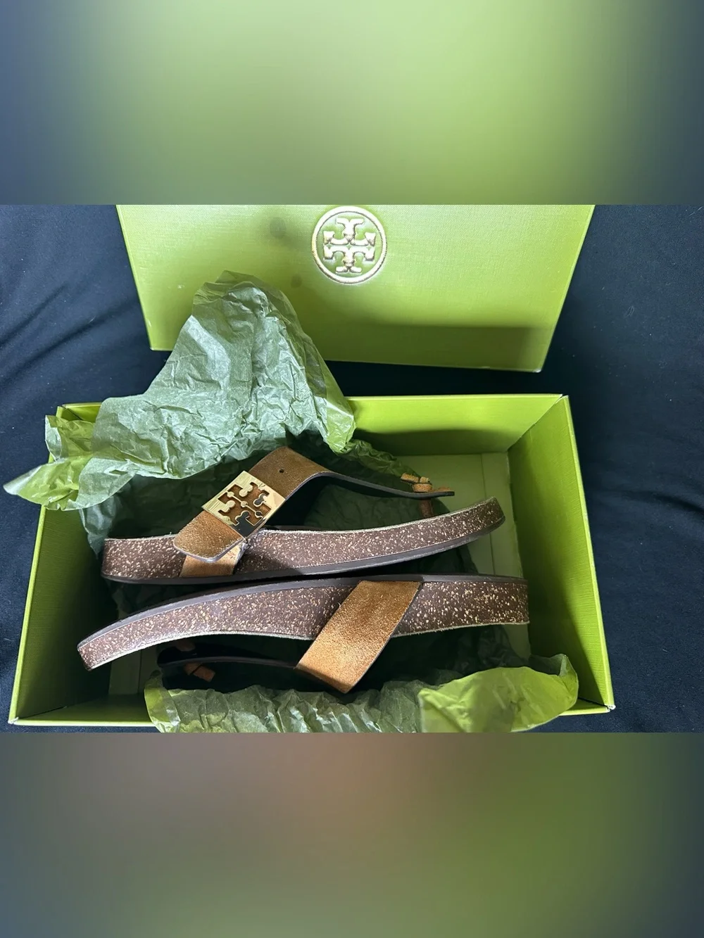 Tory Burch Mellow Thing Suede Cork Toe-Post Sandals Logo Plaque Cognac Tan 8.5